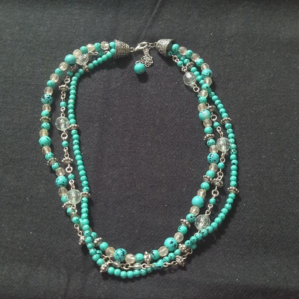 Silver Tone Turquoise Blue and Clear Beaded Layered Statement Necklace